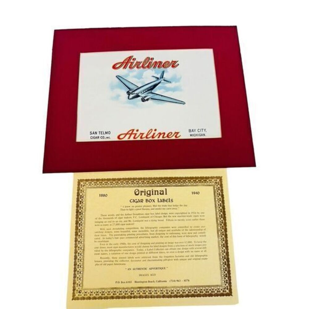 Aviation Airliner Original Cigar Label Bay City MI San Telmo Cigar Co. Embossed